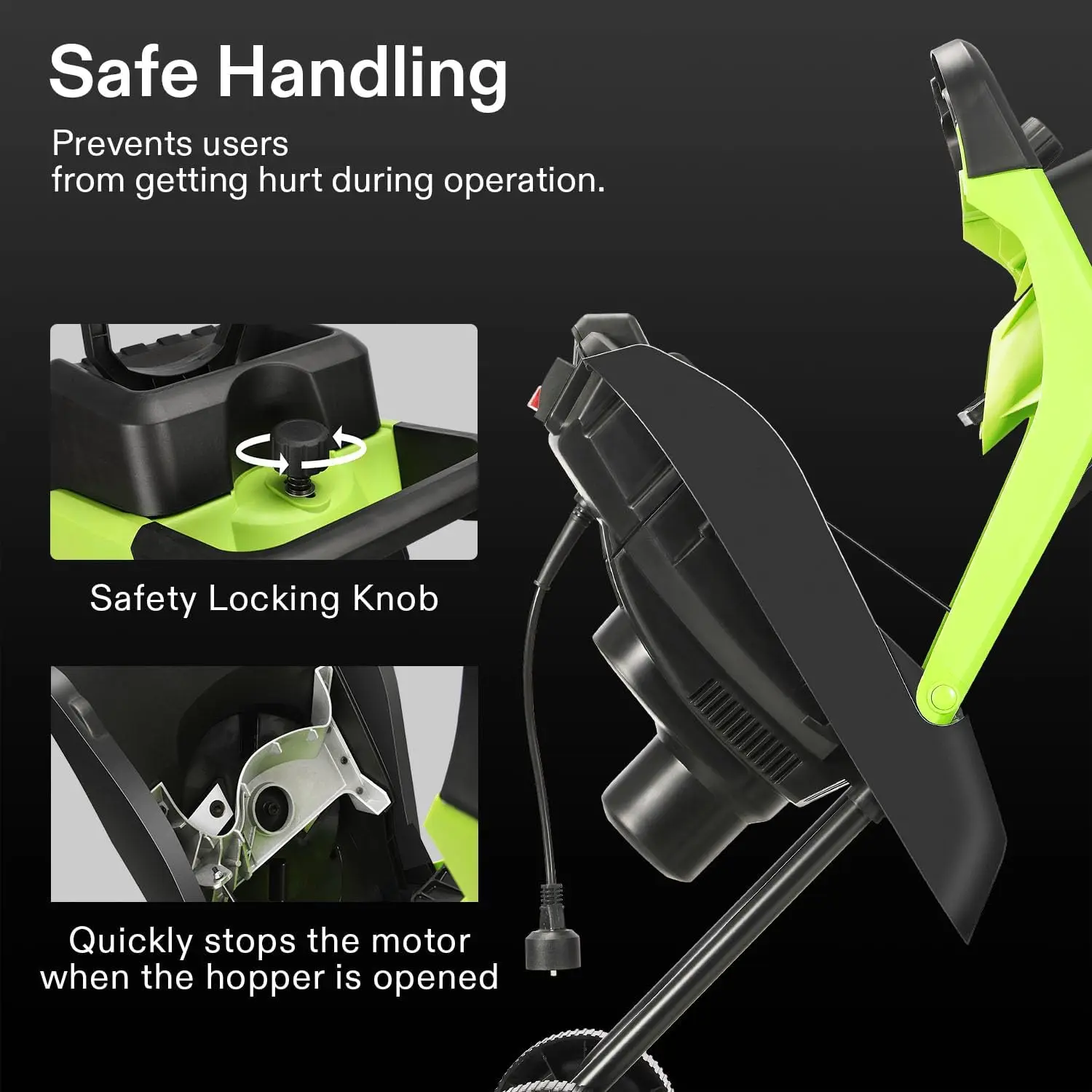Electric wood chipper and shredder With wheels and safety locking knob Plunger 50L collection bag