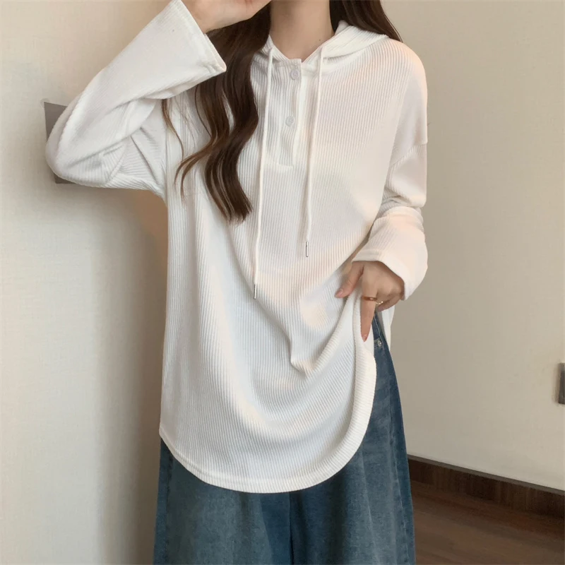 

Хлопковый топ в стиле преппи с капюшоном и длинными рукавами, Женская длинная футболка, Модная белая облегающая Туника большого размера в стиле Харадзюку на осень, простой новый топ