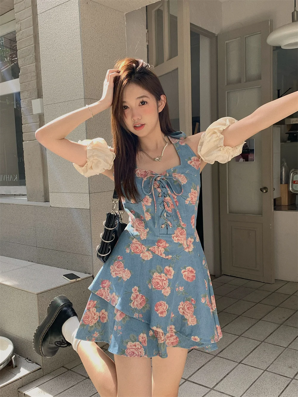 

women's summer rose print irregular retro halterneck denim dress