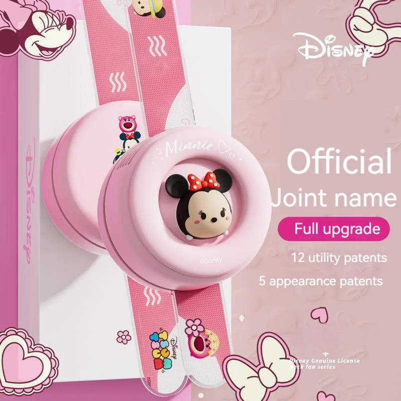 

2023 Disney Mickey Minnie Strawberry Bear Holding Neck Fan Cute Portable Silent Strong Wind Summer Supplies Usb Charge Fan Gifts