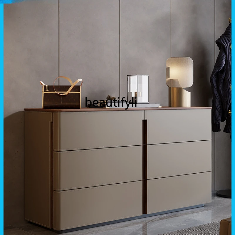 

High TV Cabinet Saddle Leather Sideboard Cabinet Master Bedroom Tailstock Storage Chest of Six Drawers Solid Wood Side Cabinet