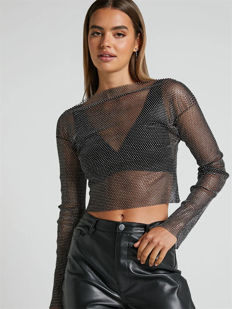 Weiße, lockere, langärmlige Freizeithemden für Damen, Sommer, glänzende Bling-Kurzoberteile, transparente Pullover, grundlegendes sexy T-Shirt – Detail 7
