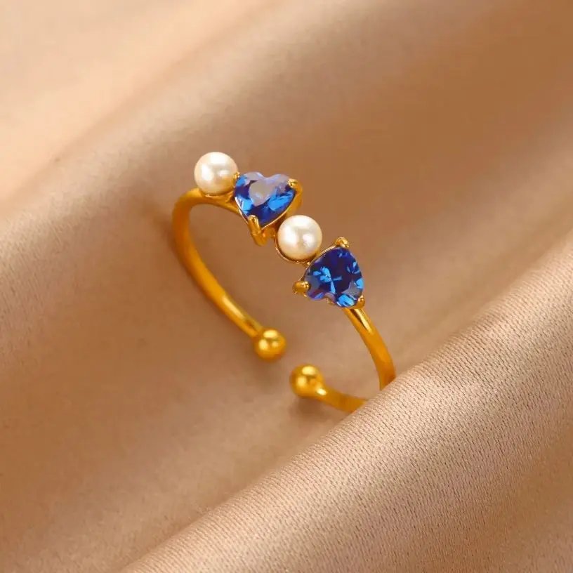 Green Zircon Double Heart Pearl Rings For Women