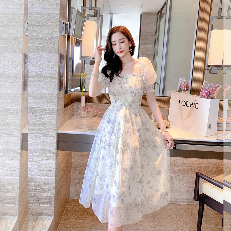 Summer Chiffon Elegant Kawaii Dress Women Floral Print Sweet Princess  Casual Midi Dress Female Puff Sleeve Party Holiday Dress - Dresses -  AliExpress