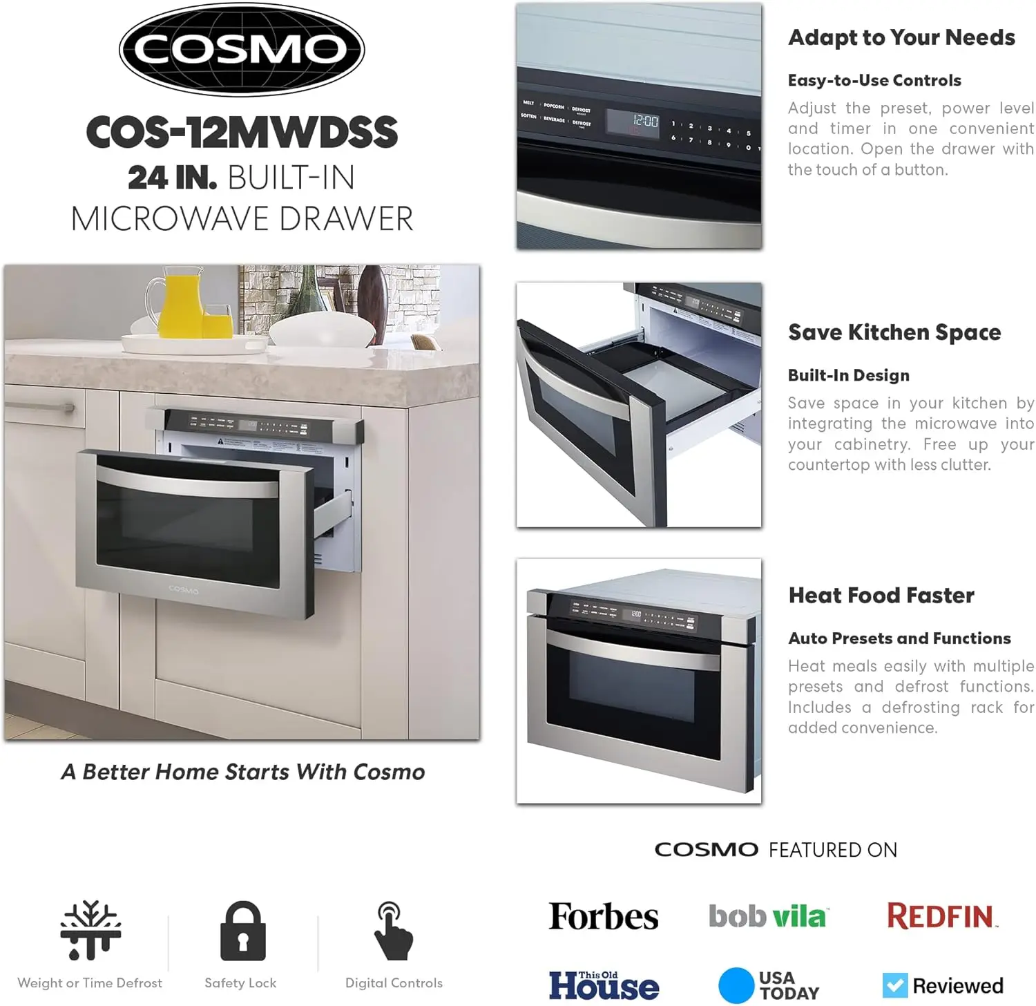 -12  24 in. Built-in Microwave Drawer with Automatic Presets, Touch Controls, Defrosting Rack and 1.2 cu. ft. 3