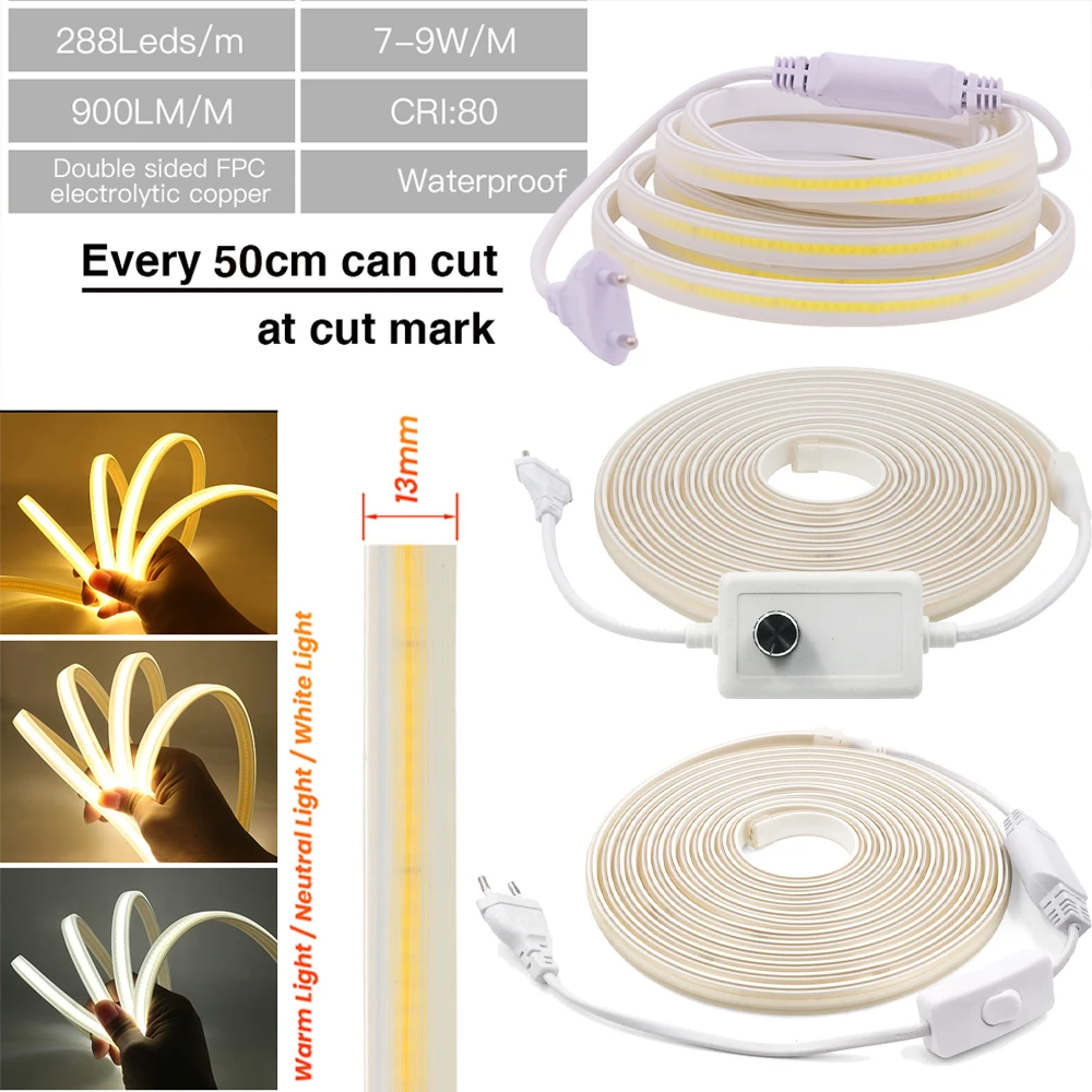120leds/m Cob LED-Streifen 360 V mit Schalter EU UK Netz stecker super  helle lineare Außen lampe ra90 wasserdichtes flexibles LED-Band - AliExpress