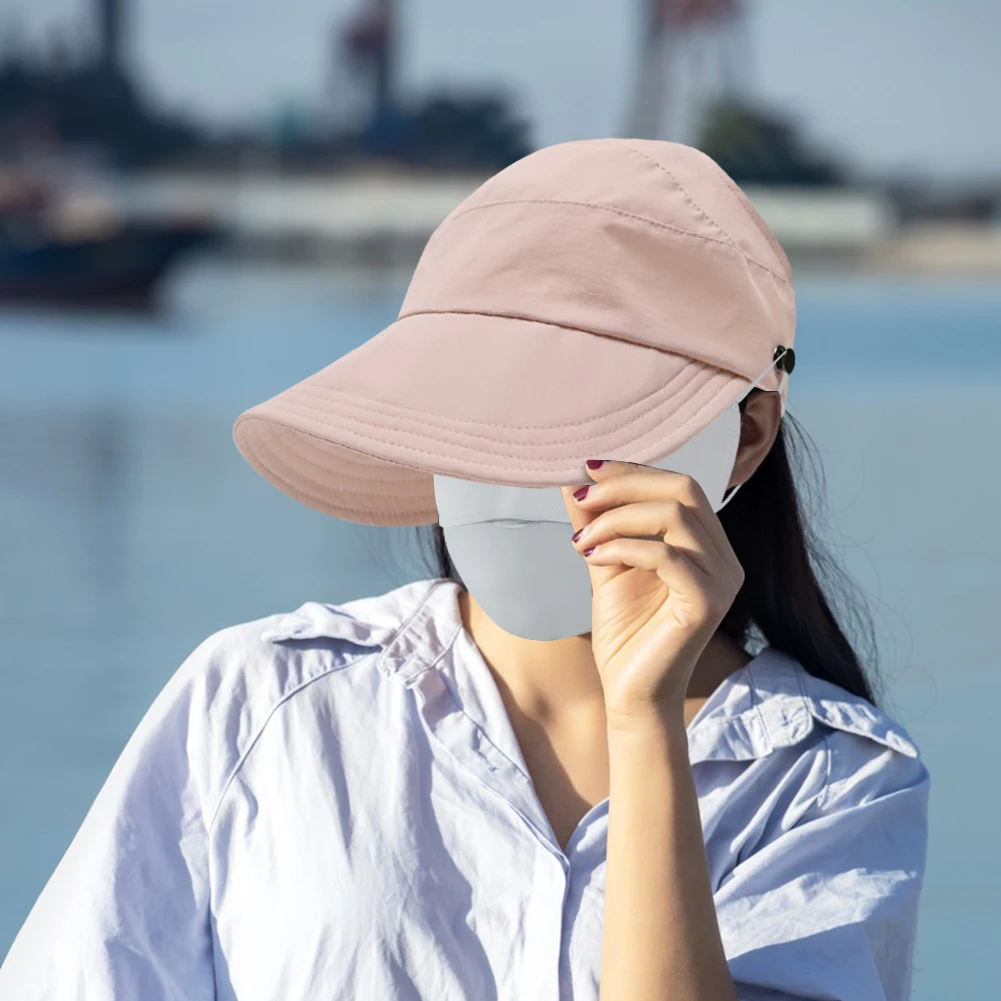 캠핑 사이클링용 할로우 탑 선햇, 넓은 챙, 마스크 포함, 여름 해변 선햇, 통기성 바이저 페도라 캡
