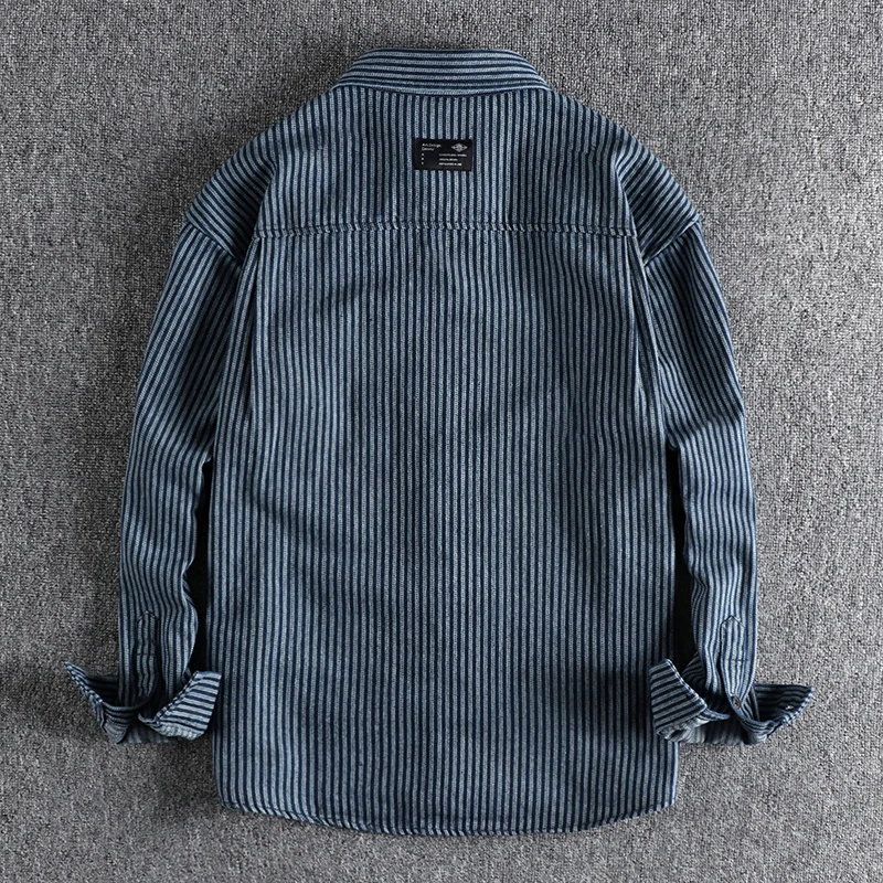 Men's Denim Shirt Vintage Yarn-dyed Striped Simple Pocket Spring and Autumn Youth Thin Coat