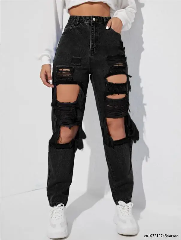 Женские рваные джинсы Denimcolab, модные рваные джинсы с дырками и высокой талией, женские хлопковые прямые брюки из денима
