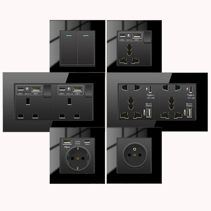 고품질 벽 조명 스위치 유리 검정색 영국 EU 벽 소켓, Type-c Usb 1Ga..