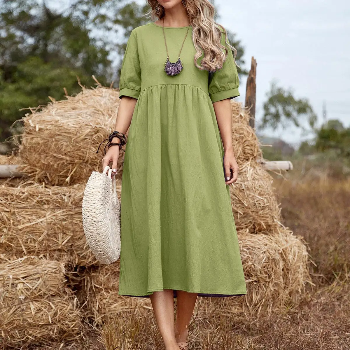 

Dress Women O Neck Solid Color Waist Midi Skirt Cotton Linen Loose Element Summer Simple Bohemian Sweet Casual Mini Dresses