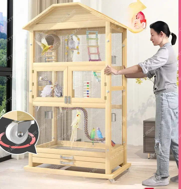 Parrot Cage Solid Wooden Large Oversized Peony Tiger Skin Brother Qi Brother Xuan Feng Bird Cage Home