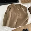 Crew Neck Women's Korean Solid Button Short Sleeve Cardigan Coats Sweater Knitted Sleeveless Ladies Elegant Tanks Bottoming 5