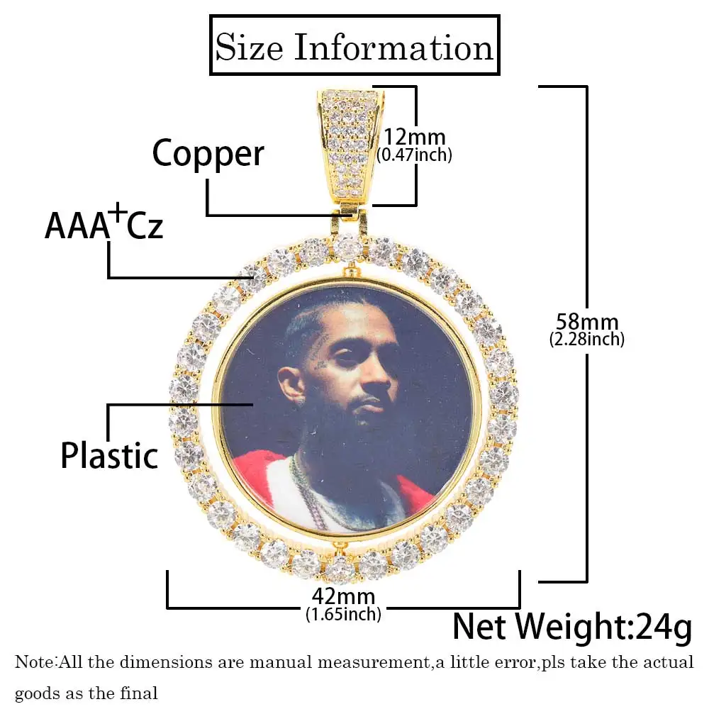 Hip Hop Double Side Round Rotating Memory Photo Custom Pendant Necklace Round Rotate Picture Zircon Iced Out Bling Necklace