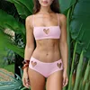 VEITCHE Summer Women Sweet Pink Hollowed-out Heart Two Piece Set Girl Vacation Bikini High Stretch Swimsuit Clubwear Outfit