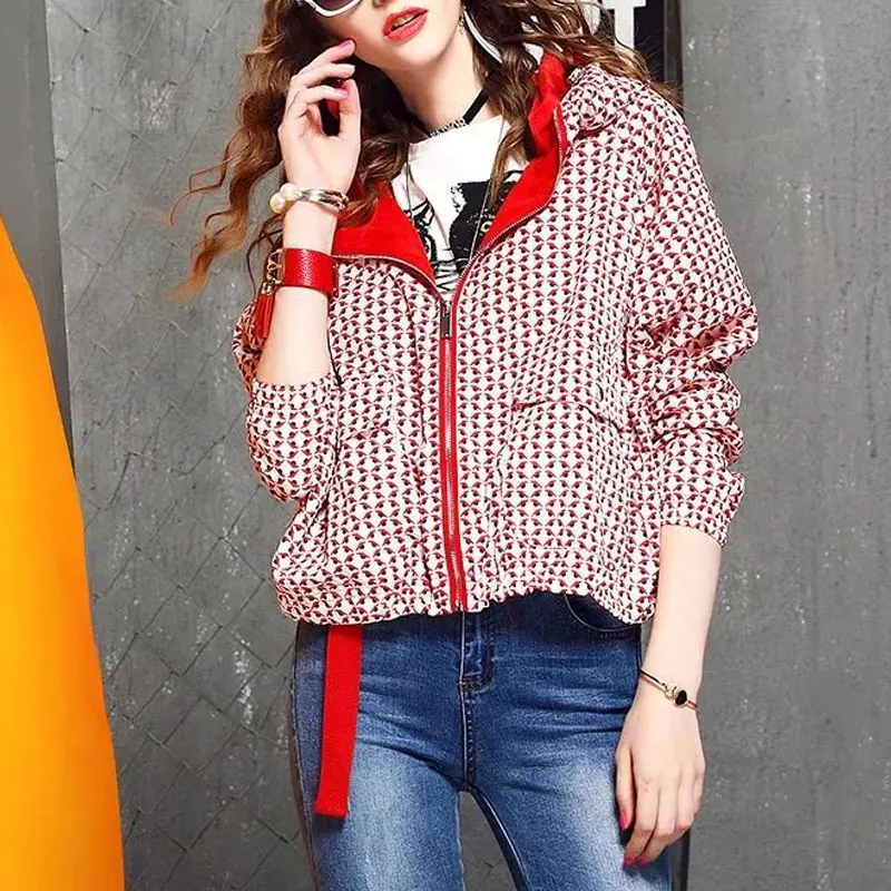 Commute Printed Casual Loose Jackets 2023 Spring Autumn Korean Female Clothing Long Sleeve Stylish Zipper Hooded Spliced Coats