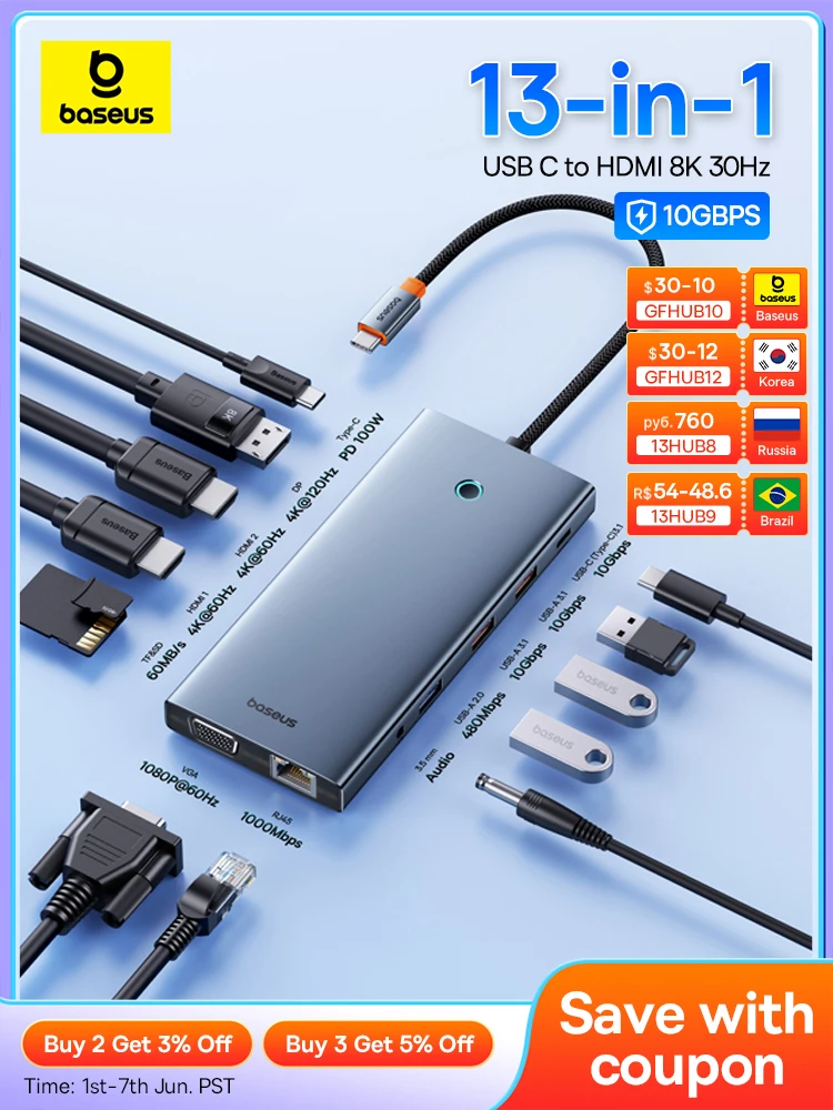 Baseus 맥북 PC용 USB C타입-HDMI 호환 허브 어댑터, 13-in-1 DP, 4K, 60Hz, 120Hz, RJ45, VGA 컨버터, PD 100W, USB 3.0 2.0 