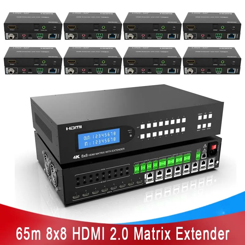 LINK-MI 8x8 HDMI 매트릭스 익스텐더 65m 8 HDMI 루프 출력 지원 4K60Hz YUV4:4:4, 18Gbps, HDR, HDMI 2.0 확장기