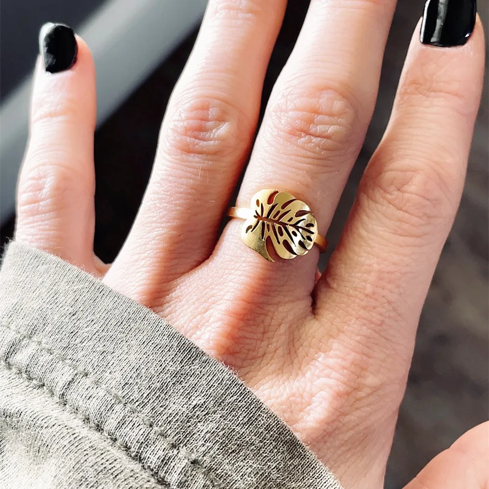 Stainless Steel Ring Jewelry Palm Leaf Rings For Women Hawaiian Gift