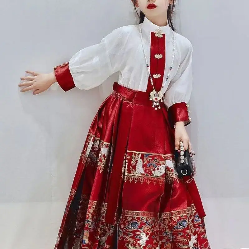 

Kids Chinese Hanfu Dress For Girls Red Traditional Embroidery Horse-Face Skirt Tops Necklace Suit Children Chinoiserie Tang Suit