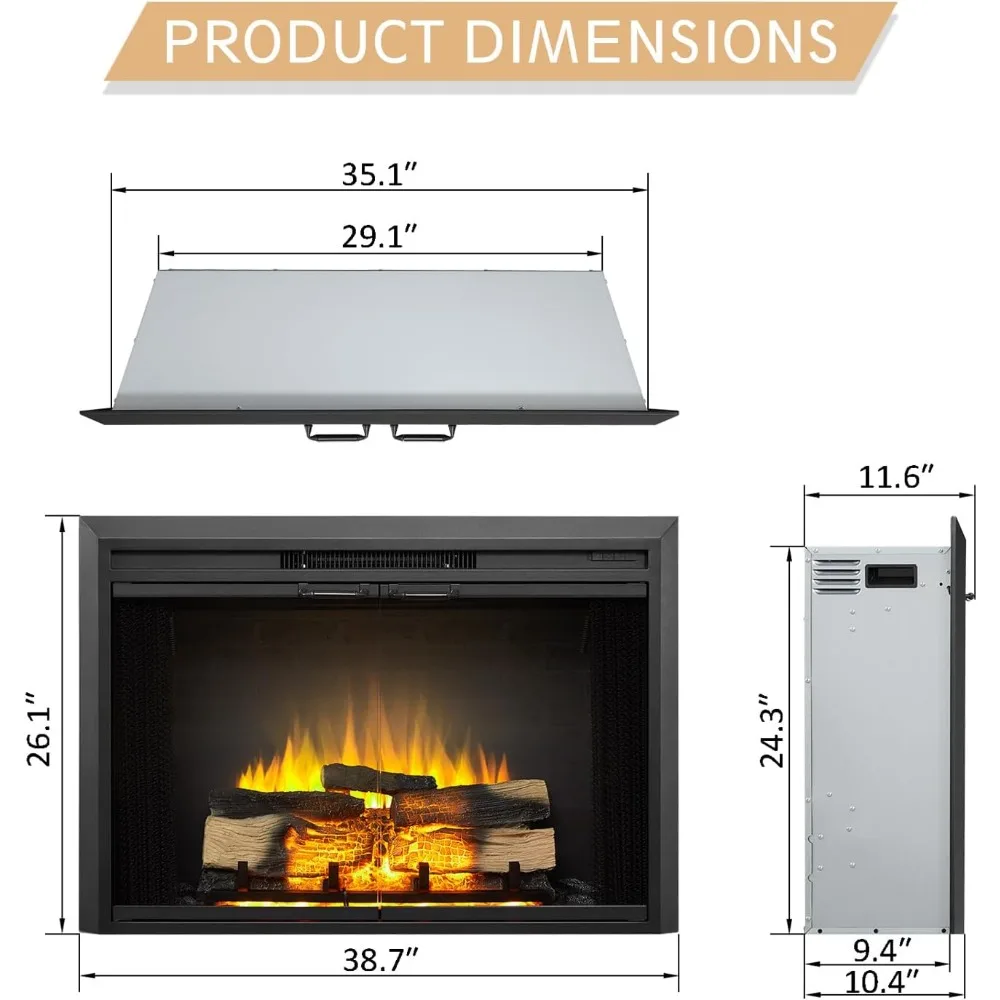 Electric Fireplace Insert with Glass Door and Mesh Screen (EF265B), Fireplace Heater 750/1500W, Fire Crackling Sound 3