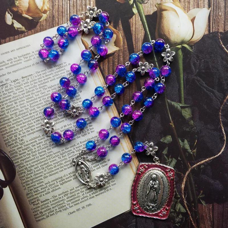 Vintage Rainbow Crackle Rosary Necklace for Women Virgin Mary Religious Pendant Jesus Bluish Violet Prayer Beads Square Card 8mm