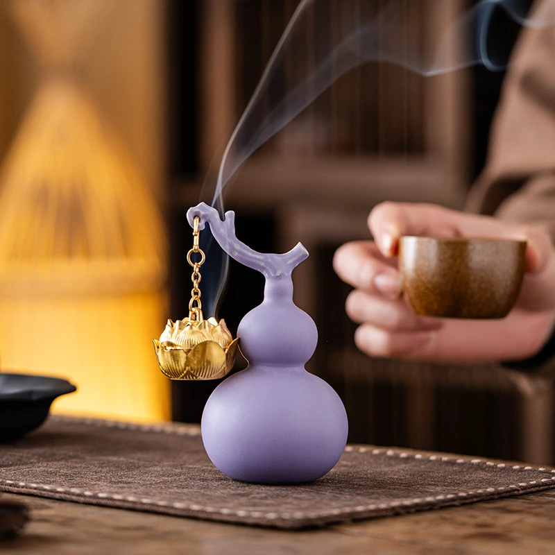Creative Ceramic Purple Gourd Aromatherapy Stove, Home Indoor Zen Ceremony Decor, Chinese Style Personalized Incense Burner, 1Pc