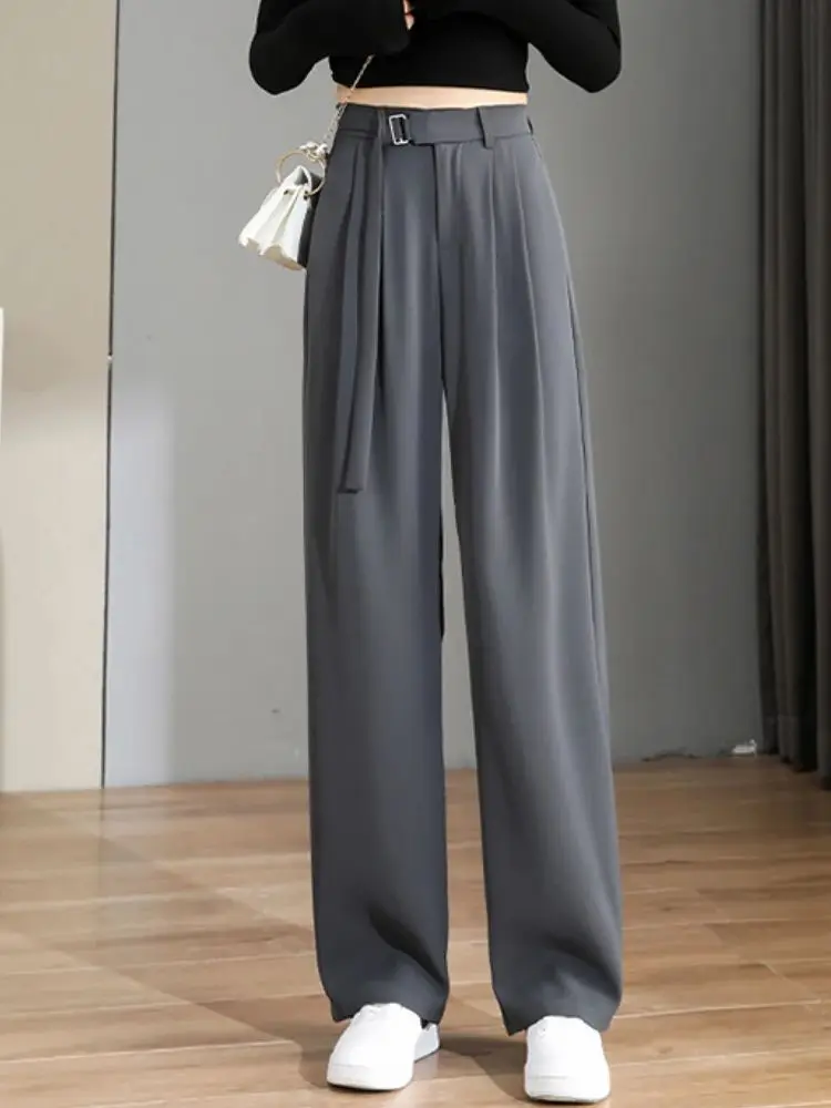 

High Waist Wide Leg Pants For Women Elegant Lace-Up Baggy Casual Black Gray Pants Vintage Casual Loose Straight Trousers Womens