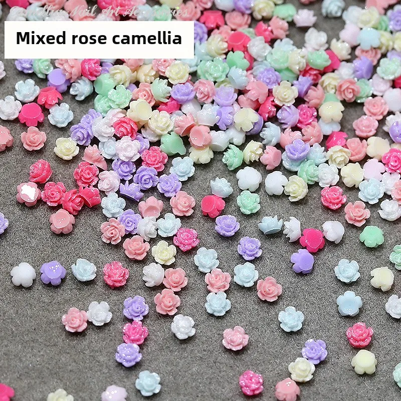 50/100/500PCS 믹스 다채로운 미니 4mm 동백 장미 작은 꽃 수지 네일 아트 라인 석 장식 매니큐어 아름다움 Floret