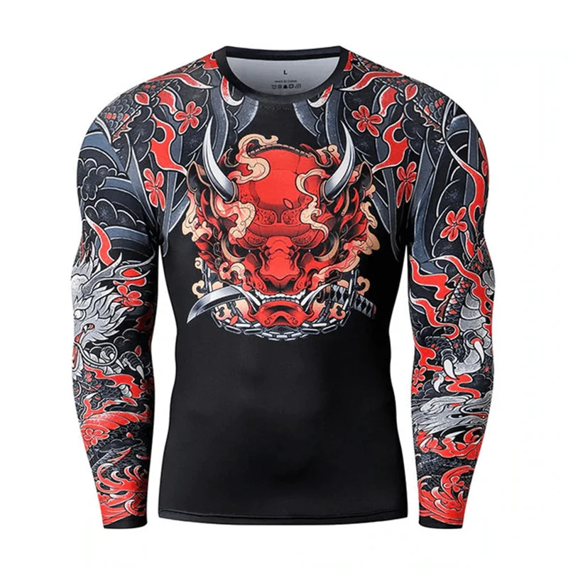 Japanese Samurai Style T-Shirt For Men 3D Long Sleeve Top Gym Fitness T-Shirts Oversized Tee Shirt Men Sports Running Clothing