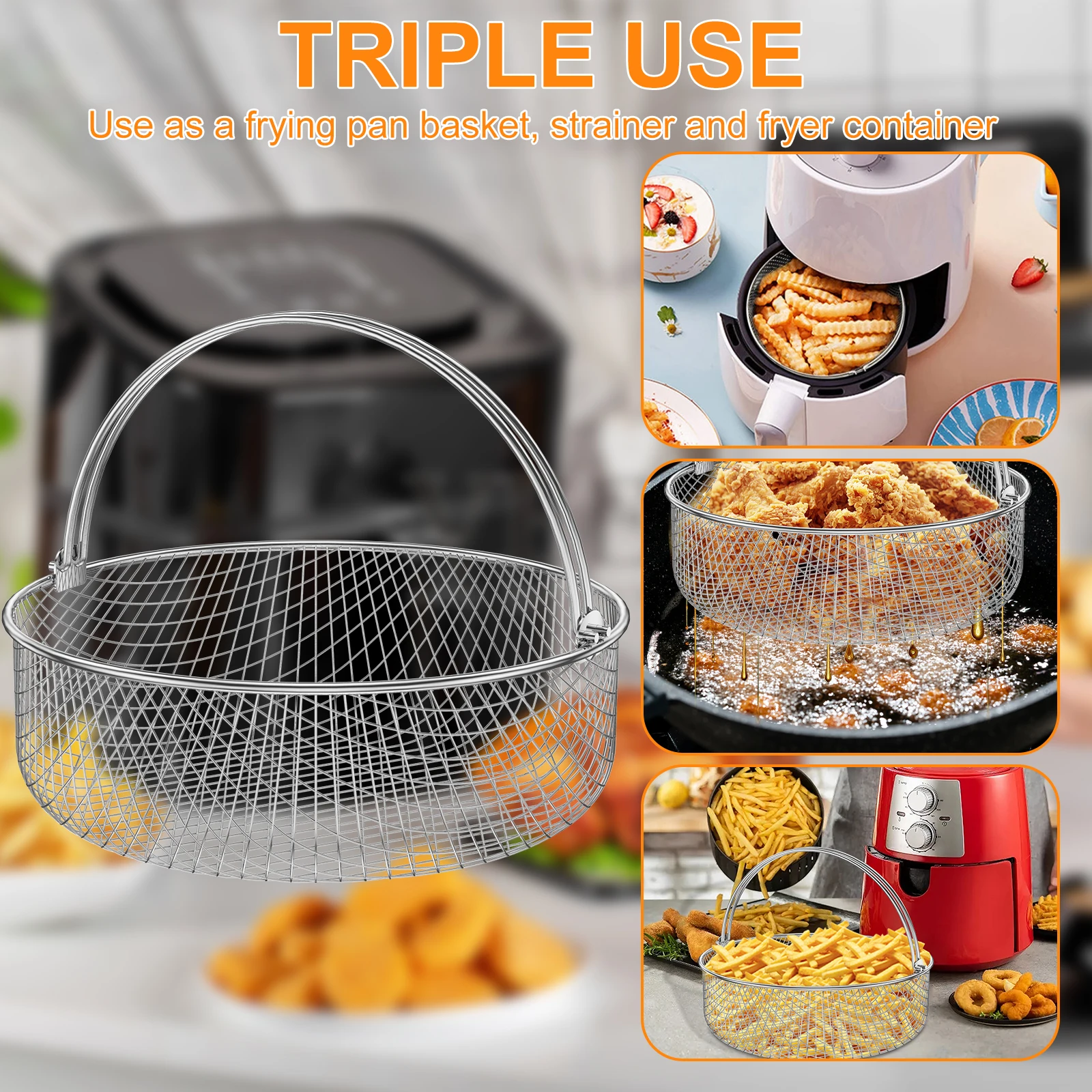 Air Fryer Mesh Basket Stainless Steel Air Fryer Steamer Basket With Handle Metal Crisper For Home Kitchen