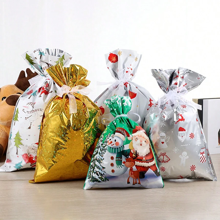 5 Stück Weihnachtsthema Geschenkverpackungsbeutel PE Metarial Große Mesh-Aufbewahrungstasche Festvial Weihnachtsdekoration Kleines Geschenk Goodie Bag