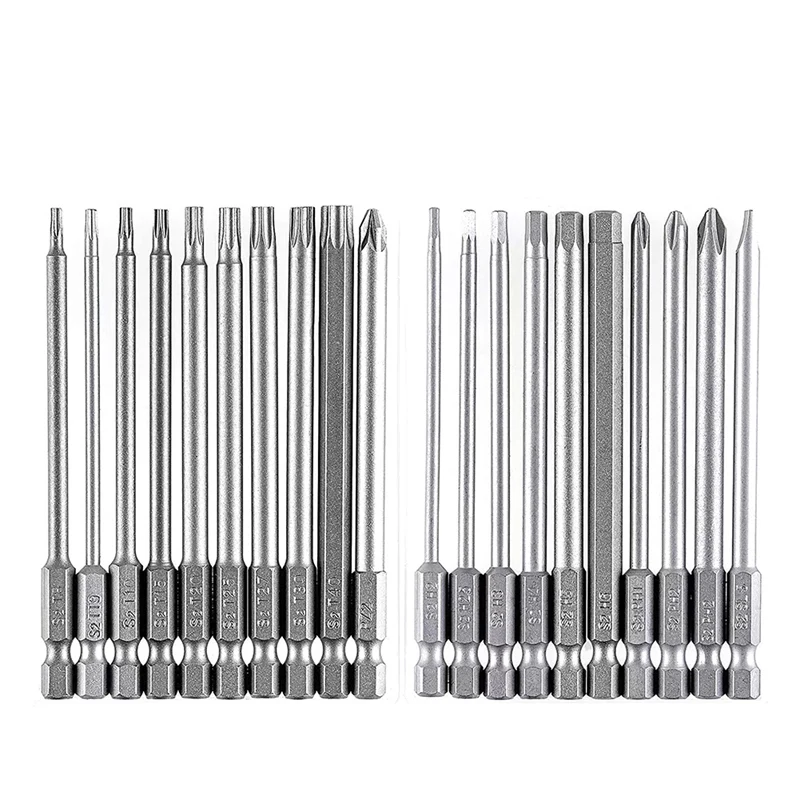 

HOT SALE Bit Set Long, Magnetic Bit Set 20 Pcs 100Mm, Torx Bit T8-T40, Hex Bit H2-H6, PH1 PH2, PZ2, Slotted Bit, 1/4Inch Hexagon