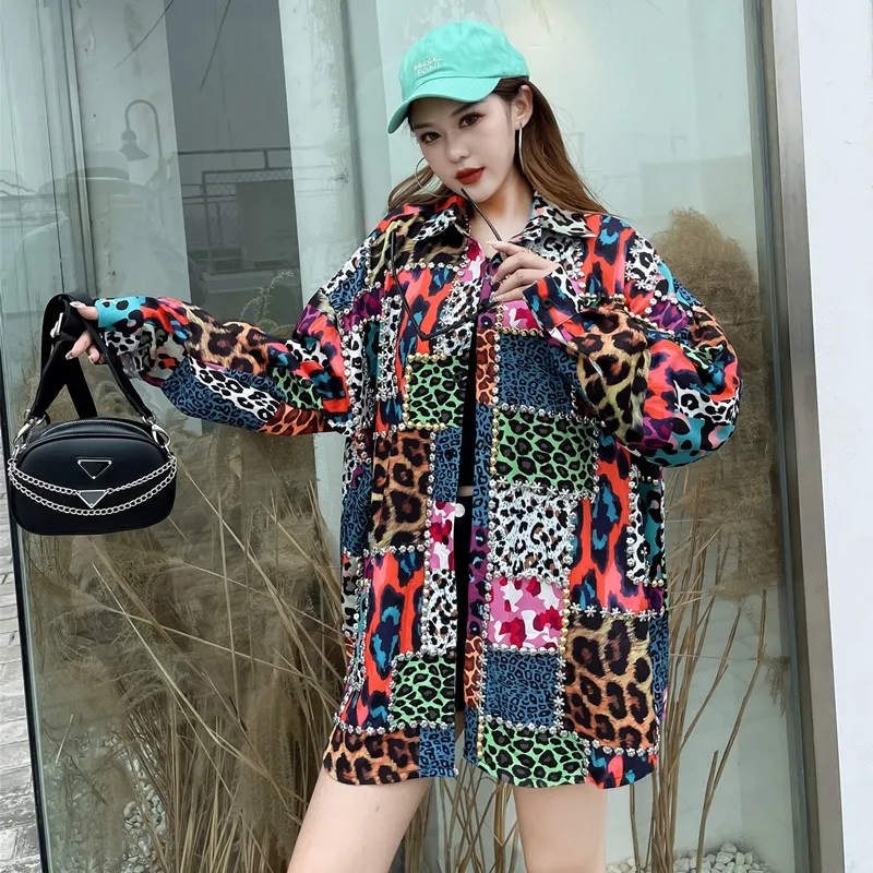 Designer New Machine Embroidery Beaded Plaid Coat Leopard Print Loose Internet Hot Fried Street Shirt