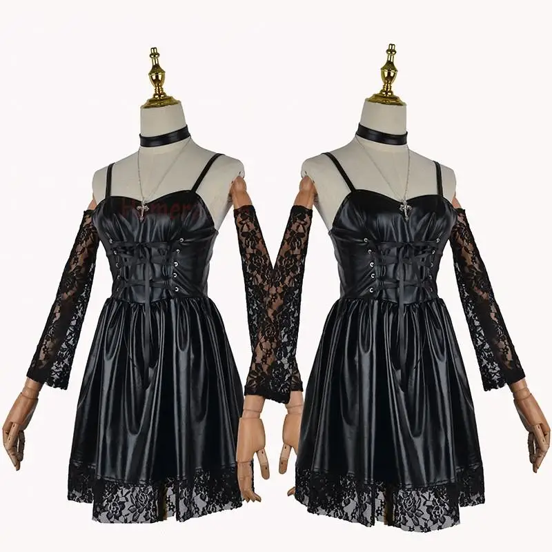 

Death Note Cosplay Costume Misa Amane Imitation Leather Sexy Dress +gloves+stocks+necklace Uniform Outfit Girls Cosplay Costume