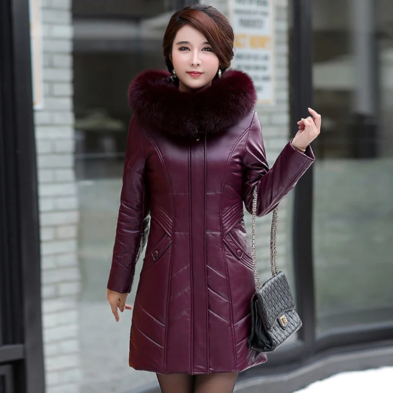 

Women L-8XL Leather Coat Winter 2023 Fashion Mother Jacket Thicken Warm Outerwear Fur Collar Hooded Sheepskin Overcoat Female