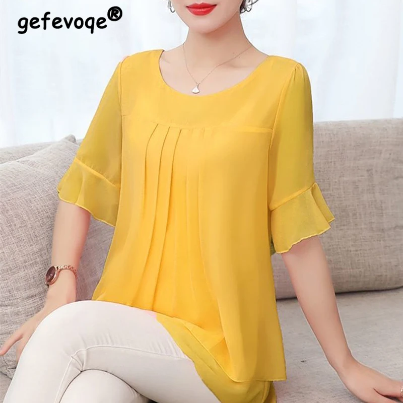 2020 Summer New Solid Color Elegant Fashion Shirt Women Short Sleeve Loose Casual Chiffon Top Female Aesthetic Chic Lady Clothes