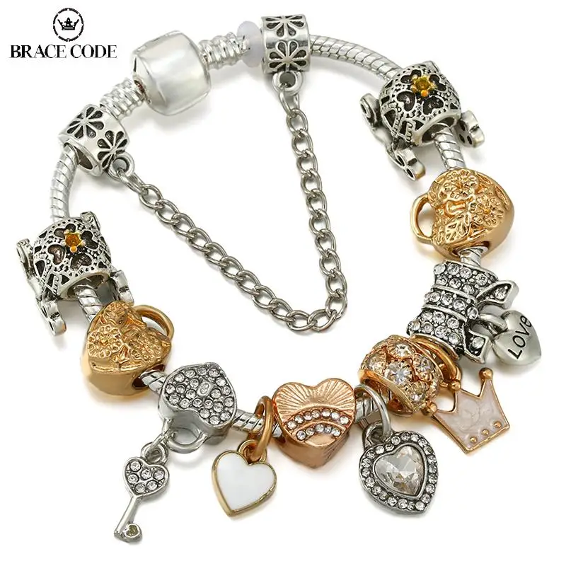 

Crown Pendant and Pumpkin Car Key Peach Heart Crystal Alloy Beads with Copper Silver Plated Bracelet Suitable Lover's Wife Gift