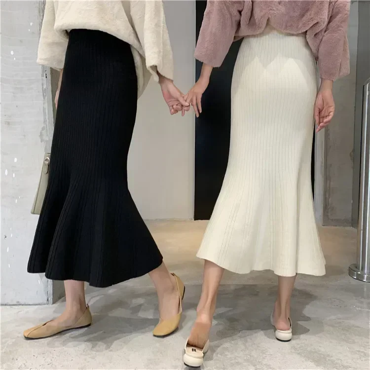 Simple Solid 4 Colors Knitted Skirts For Women Autumn Winter Elastic High Waist Bag Hip Long Skirts Elegant All-match Midi Skirt