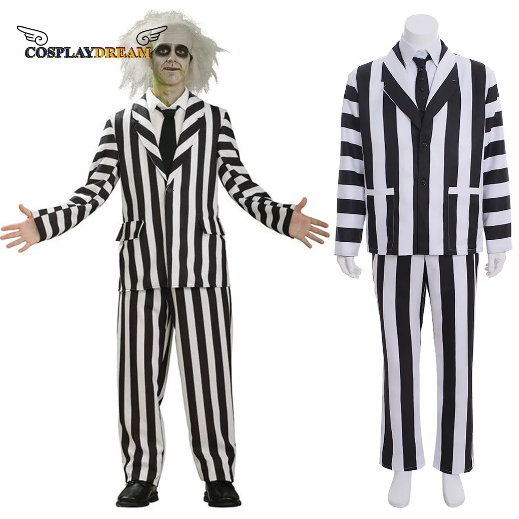

Beetlejuice Adam Cosplay Costume Men Black and White Striped Suit Jacket Shirt PantsFull Set Outfits Halloween Carnival Clothing
