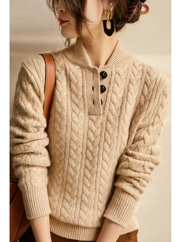 Knitted Pullover Top Sweater, Stand-up Collar, Half-Open Lapel, Twisted Twist Texture, Pure Cashmere, Baseball, Elegant 5