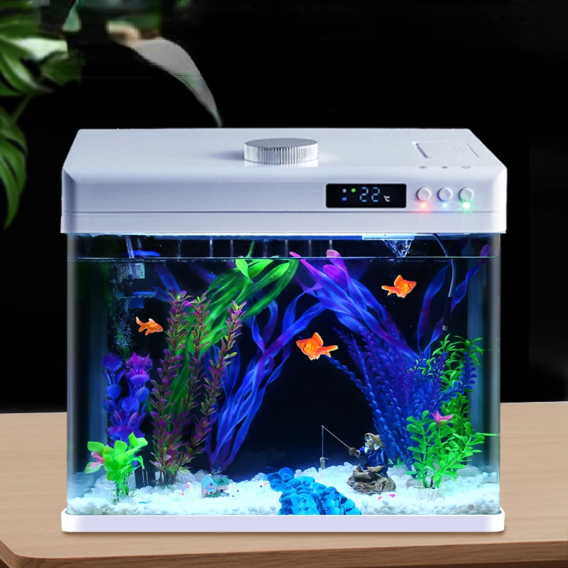 

Modern Smart Fish Tank Small Ecological Aquaponics Plant Shrimp Goldfish Bowl LED Light Glass Waterproof