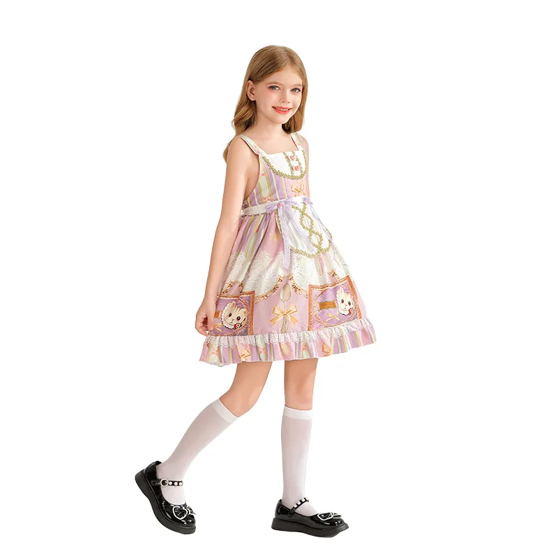 Children Sweet Lolita Dress Women Vintage Gothic Printed Summer Sleeveless Dress Japanese BowBear Kawaii Princess Maid JSK