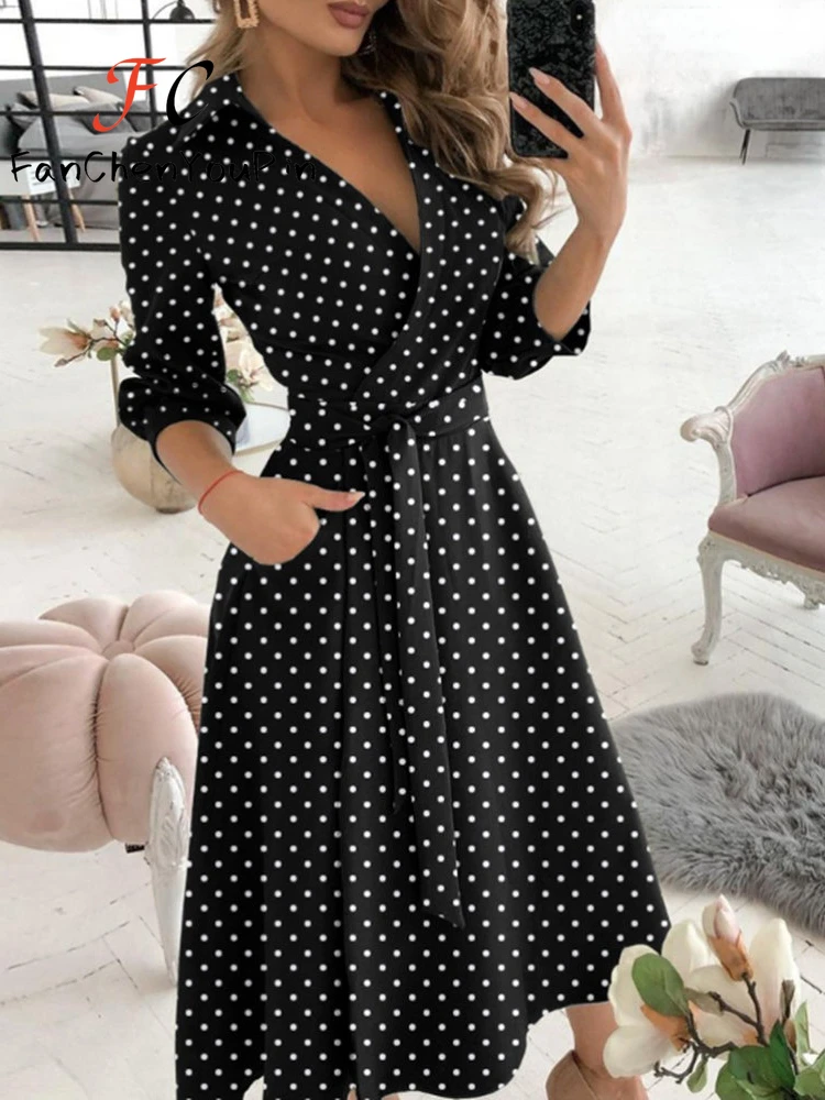 

2024 Spring Summer Dress Fashion Office Lady Lace-up A-line Mid-calf Skirt Simplicity Elegant Deep V Neck High Waist Print Dress