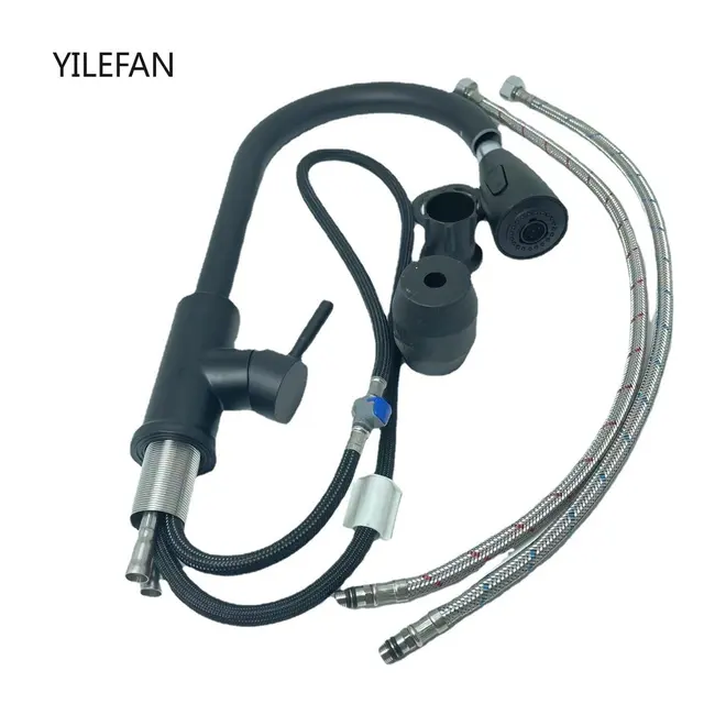 304 ก๊อกน้ําห้องครัวสแตนเลสแบบดึงลงเครื่องพ่นสารเคมีสําหรับอ่างล้างจานพร้อมท่อขยายได้ก๊อกน้ําอ่างล้างจานทนต่อการขีดข่วน 5