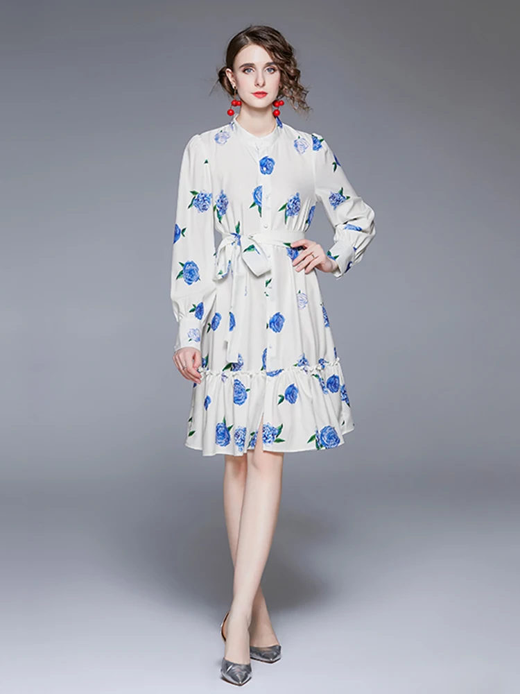 

New 2022 Fashion Runway Spring Autumn Mini Dress Women Stand Neck Long Lantern Sleeve Belt Floral Print Elegant Party Vestidos