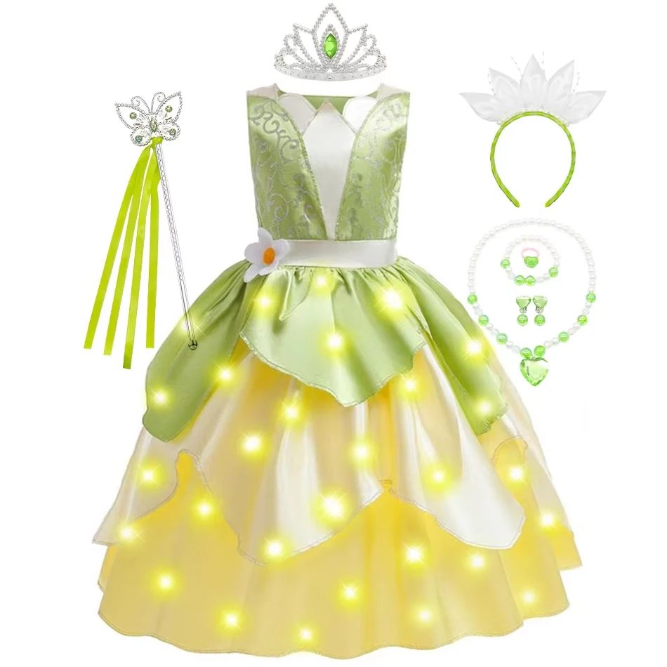Classic Girls Fairy Tale Tiana Cosplay Costumes Elegant Green