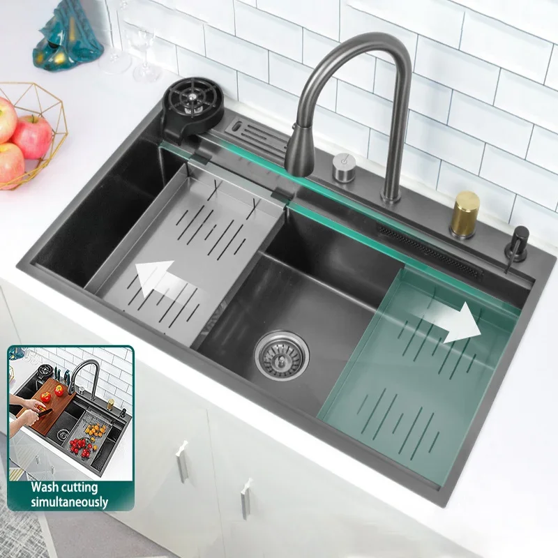 Waterfall Large Single Sink Waterfall Kitchen Wash Vegetable Washbasin Apartment CoffeeStainless Steel Household 2