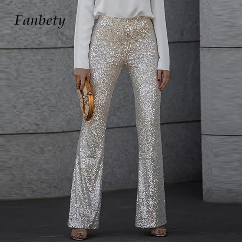 

All-match Ladies Solid Color Party Club Long Pants Fashion Shiny Sequins Flared Pants 2024 Women High Waist Trousers Streetwear