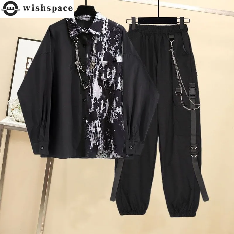 2023 Vintage Print Hip Hop Style Chain Shirt Loose Punk Style Pants Fashion Women's Set Street Dance Boys' Set Tracksuit youth code denim tears lovers cotton ring printed tracksuit washed hoodie high street casual tracksuit pants